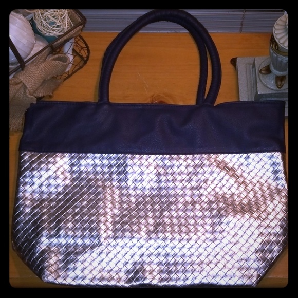 Handbags - Silver & Navy Blue leather tote